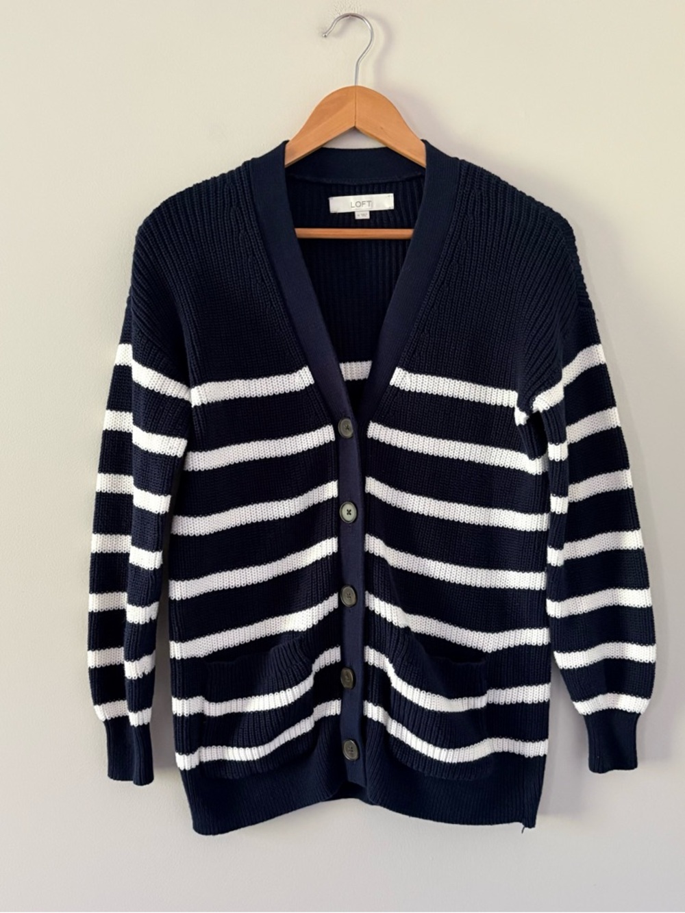 LOFT Navy & White Striped Cotton Cardigan Button Front Preppy Knit Sweater M